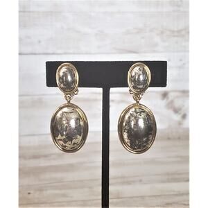 Vintage Clip On Earrings Statement Dangle Gold Tone with Spotted Silver Tone